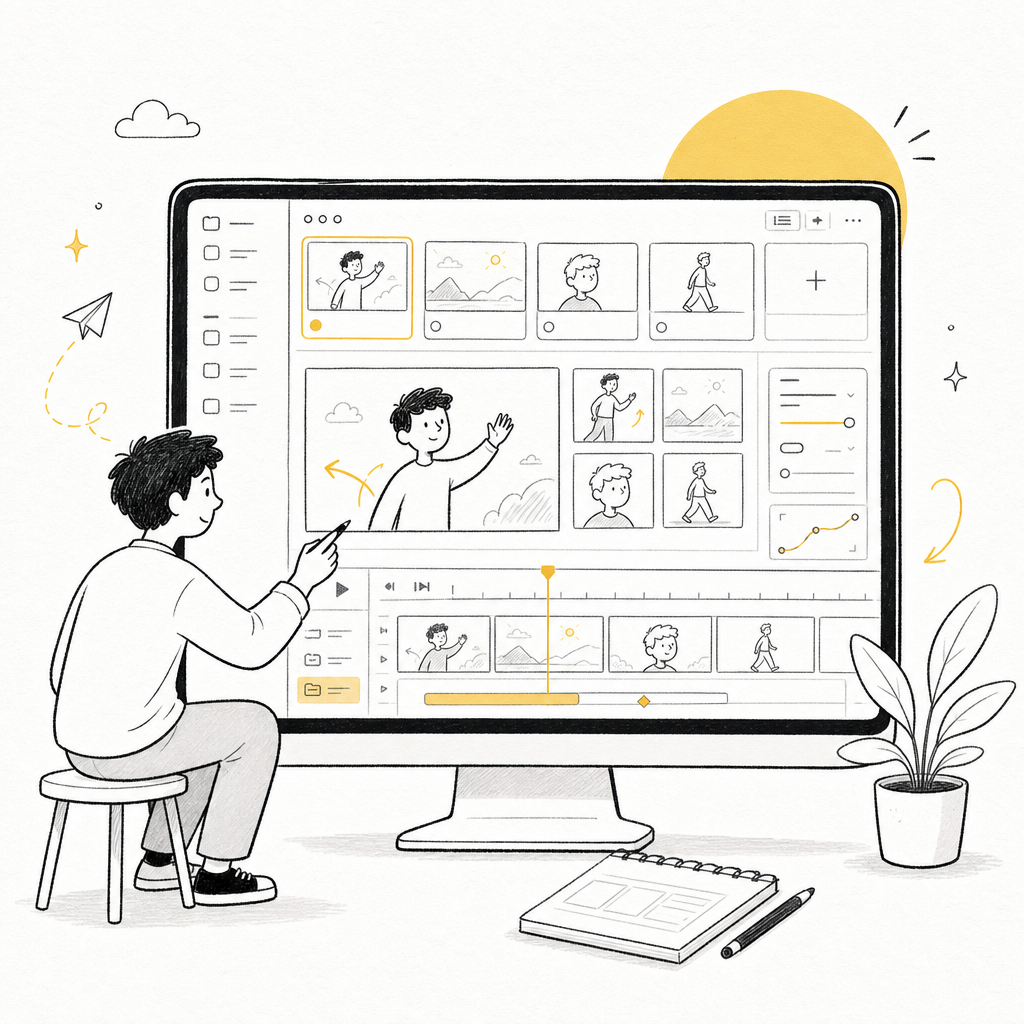 Notion-style illustration of an animation maker organizing character and scene boards