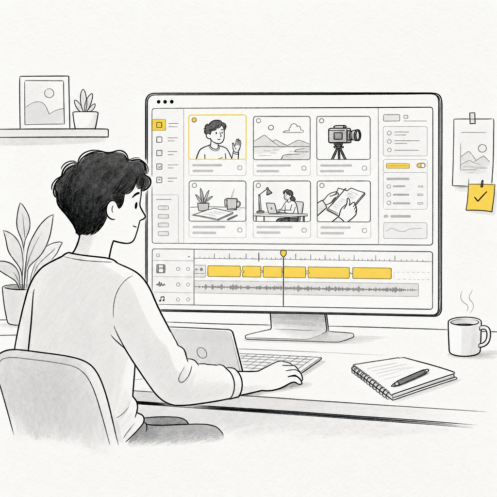 Notion-style illustration of a course creator planning narration and B-roll visuals