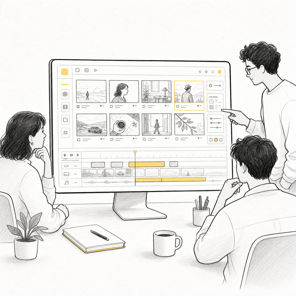 Notion-style illustration of a product and ad team reviewing a storyboard wall