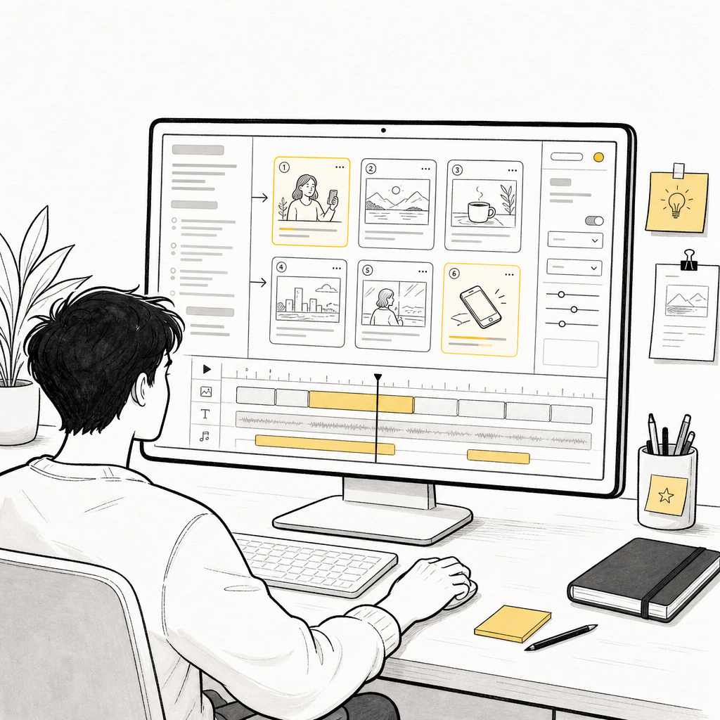 Notion-style illustration of a short-form creator arranging storyboard cards