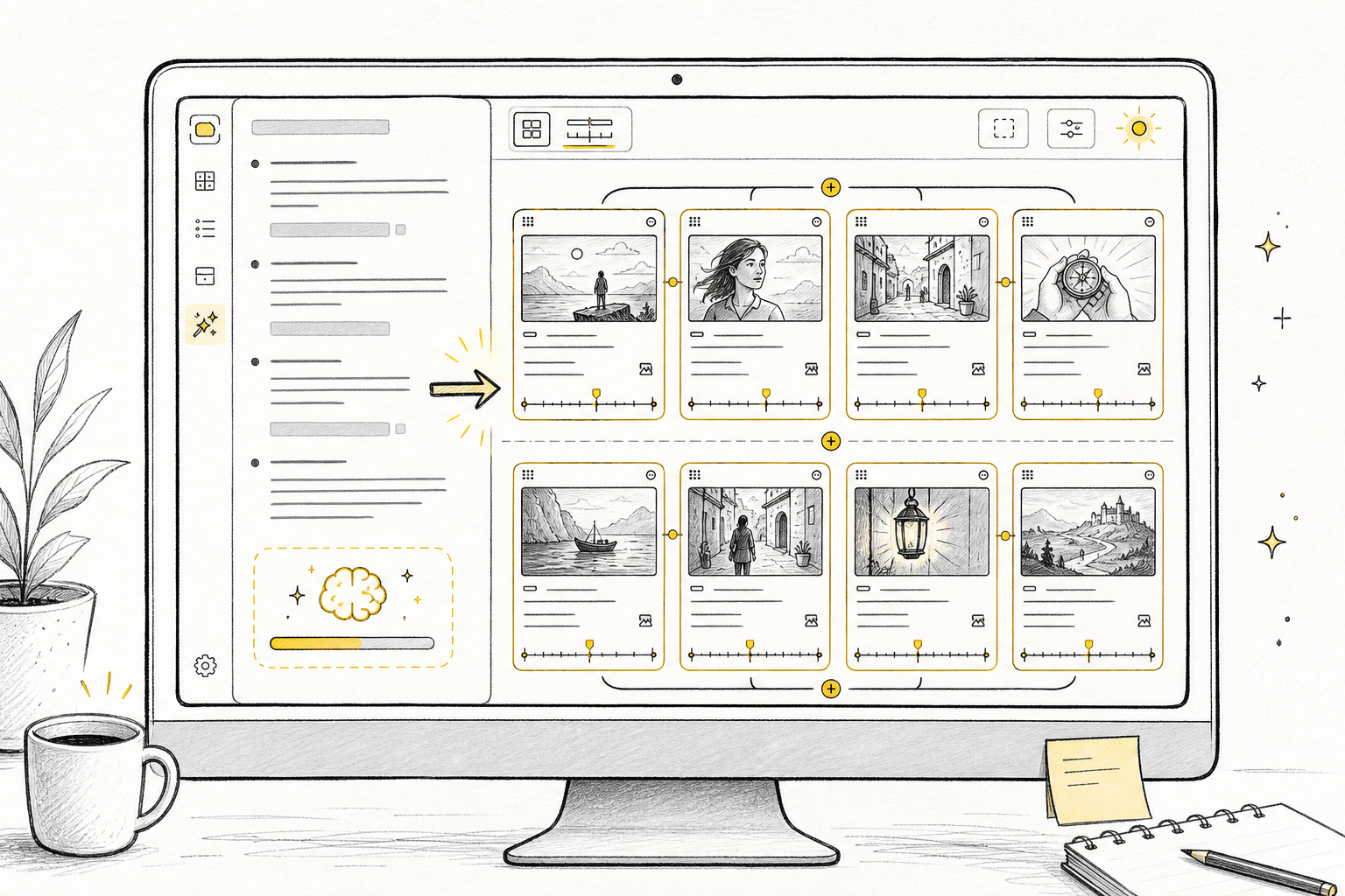 Desktop product illustration of a script becoming AI-generated storyboard cards