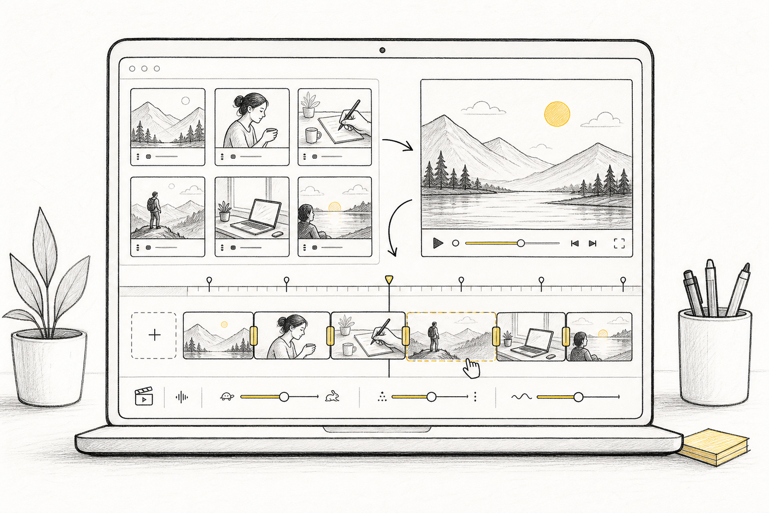 Desktop product illustration of storyboard cards becoming an editable AI video draft timeline