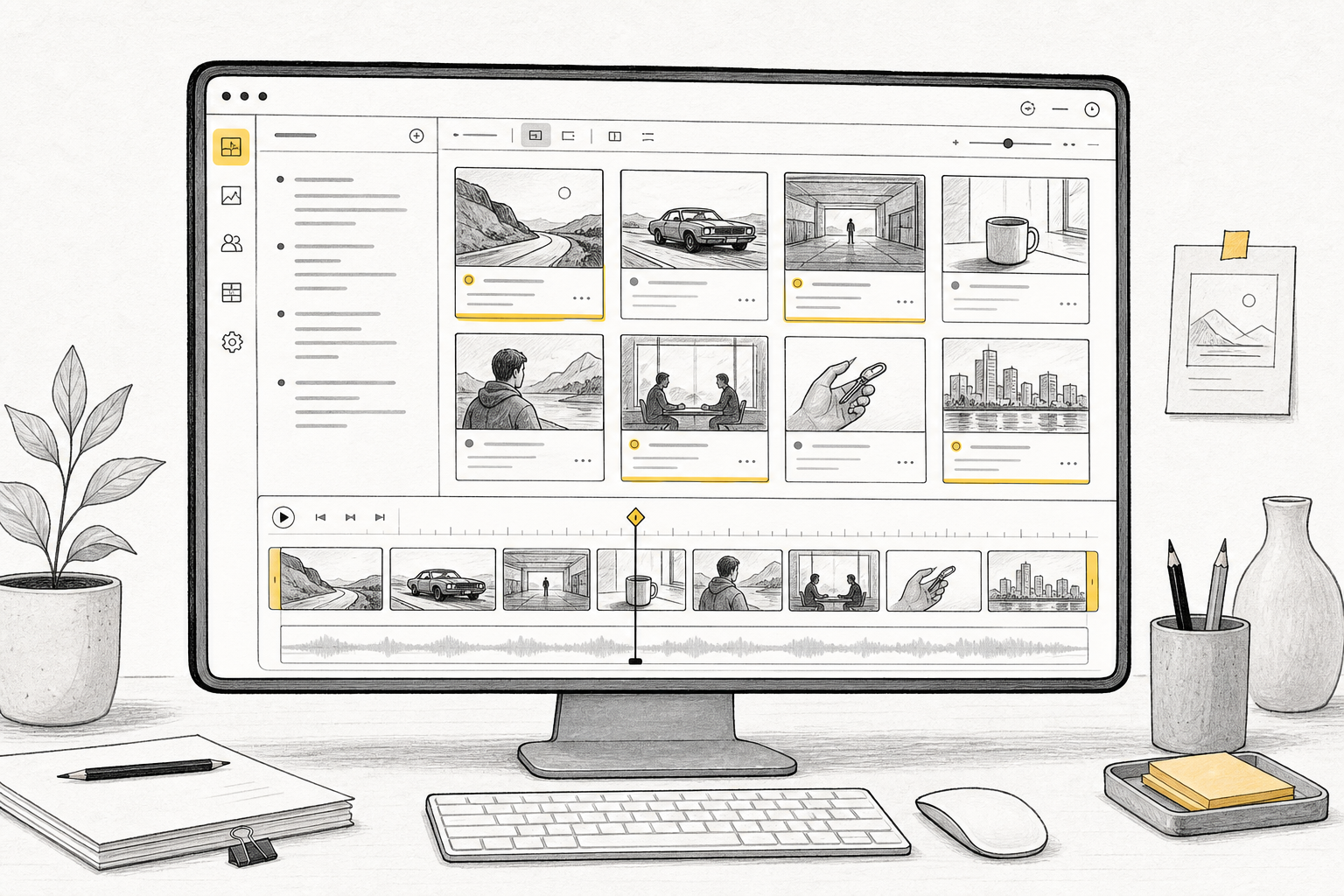 MkBoard content creator storyboard agent interface with script notes, storyboard cards, and an AI video draft timeline