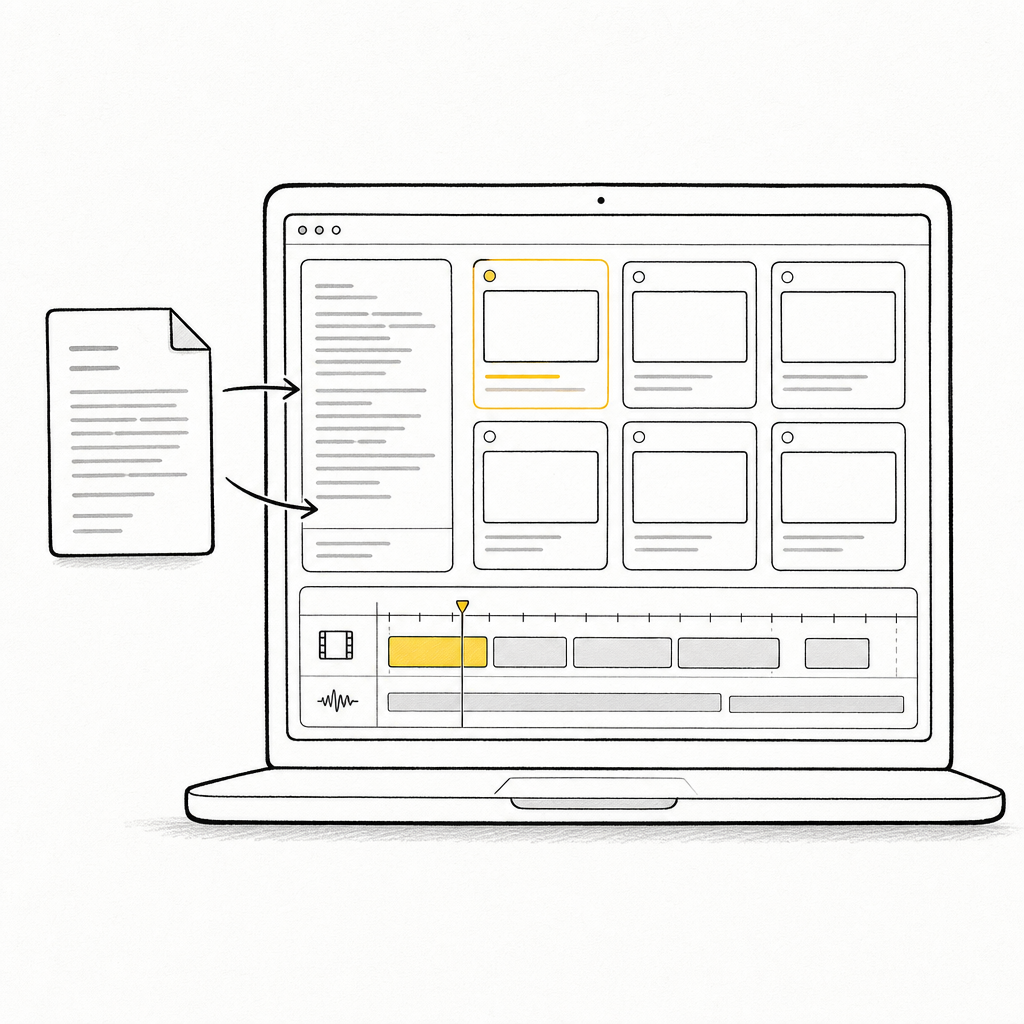 Notion-style illustration of a script document entering a desktop storyboard app