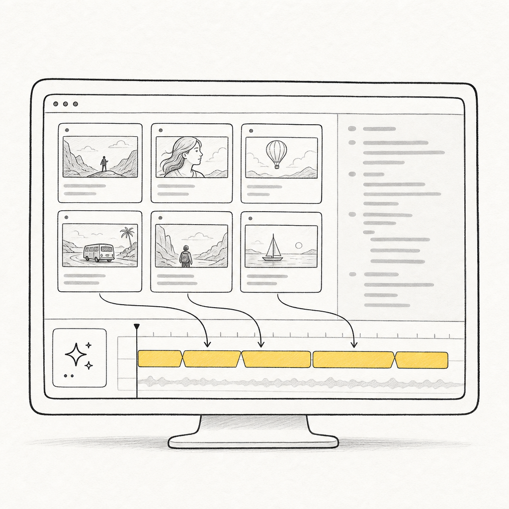 Notion-style illustration of storyboard cards being filled with references, generated frames, and B-roll assets