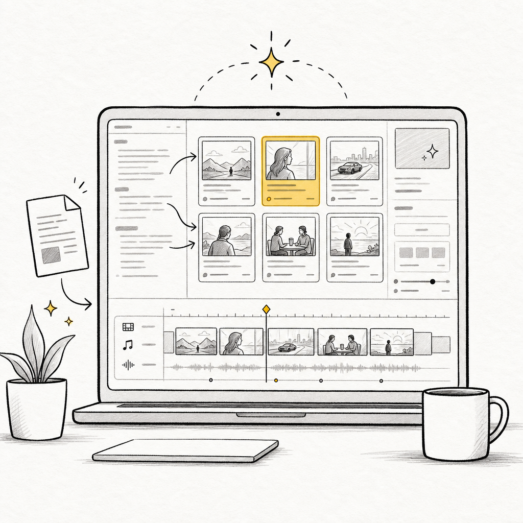 Notion-style illustration of a desktop app generating storyboard shot cards