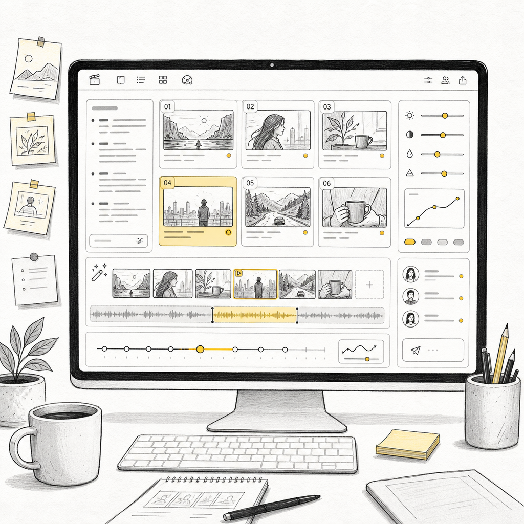Notion-style illustration of a desktop storyboard app making video from shots and assets